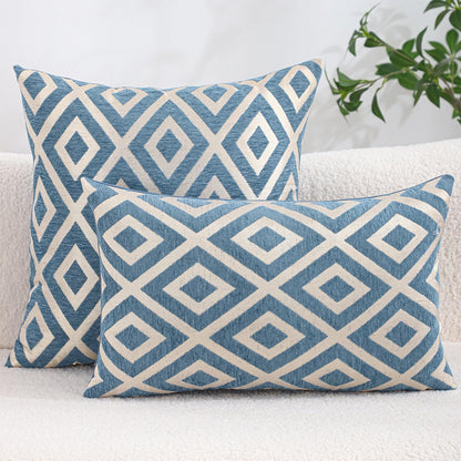 Chenille Jacquard Pillow Covers, Set of 2 — Diamond Blue Ivory