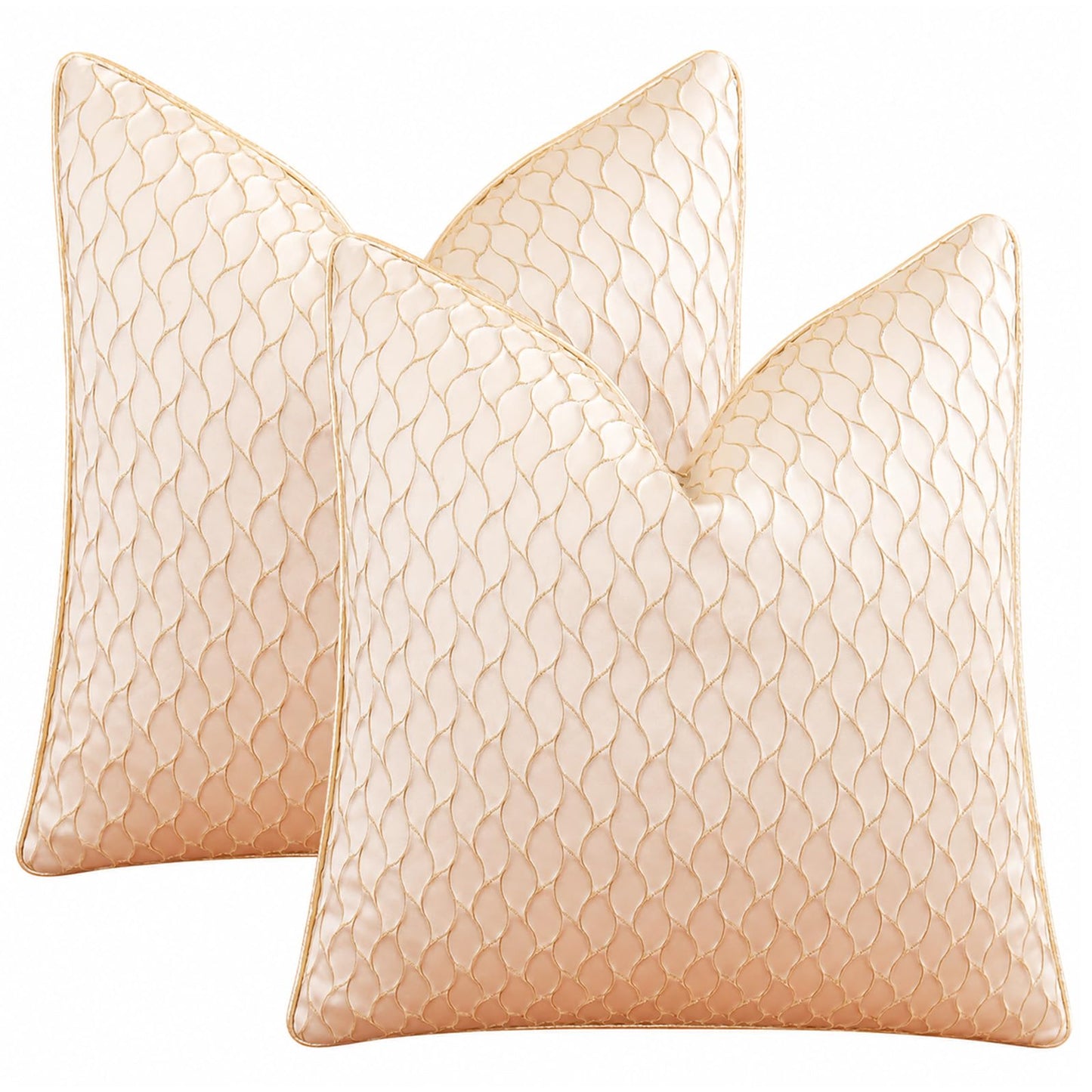 Dimensional Jacquard Pillow Covers with Gold Piping, Set of 2 — Ivory Gold