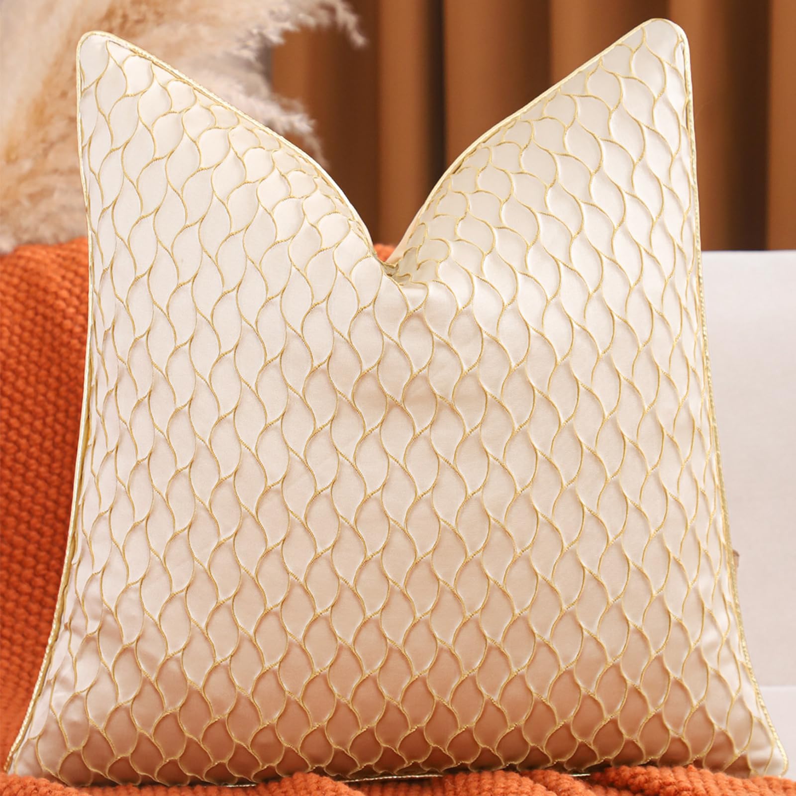 Dimensional Jacquard Pillow Covers with Gold Piping, Set of 2 — Ivory Gold