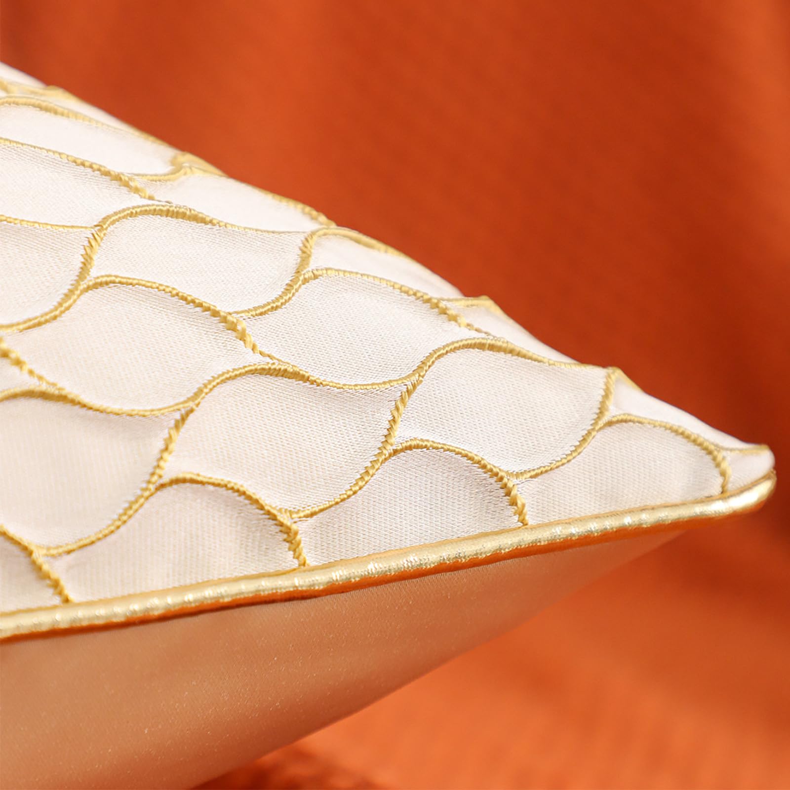 Dimensional Jacquard Pillow Covers with Gold Piping, Set of 2 — Ivory Gold