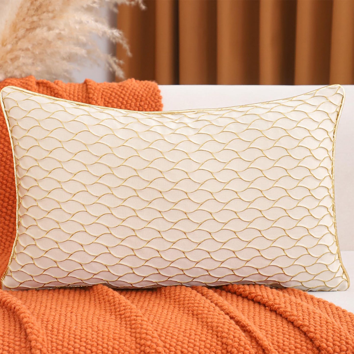 Dimensional Jacquard Pillow Covers with Gold Piping, Set of 2 — Ivory Gold