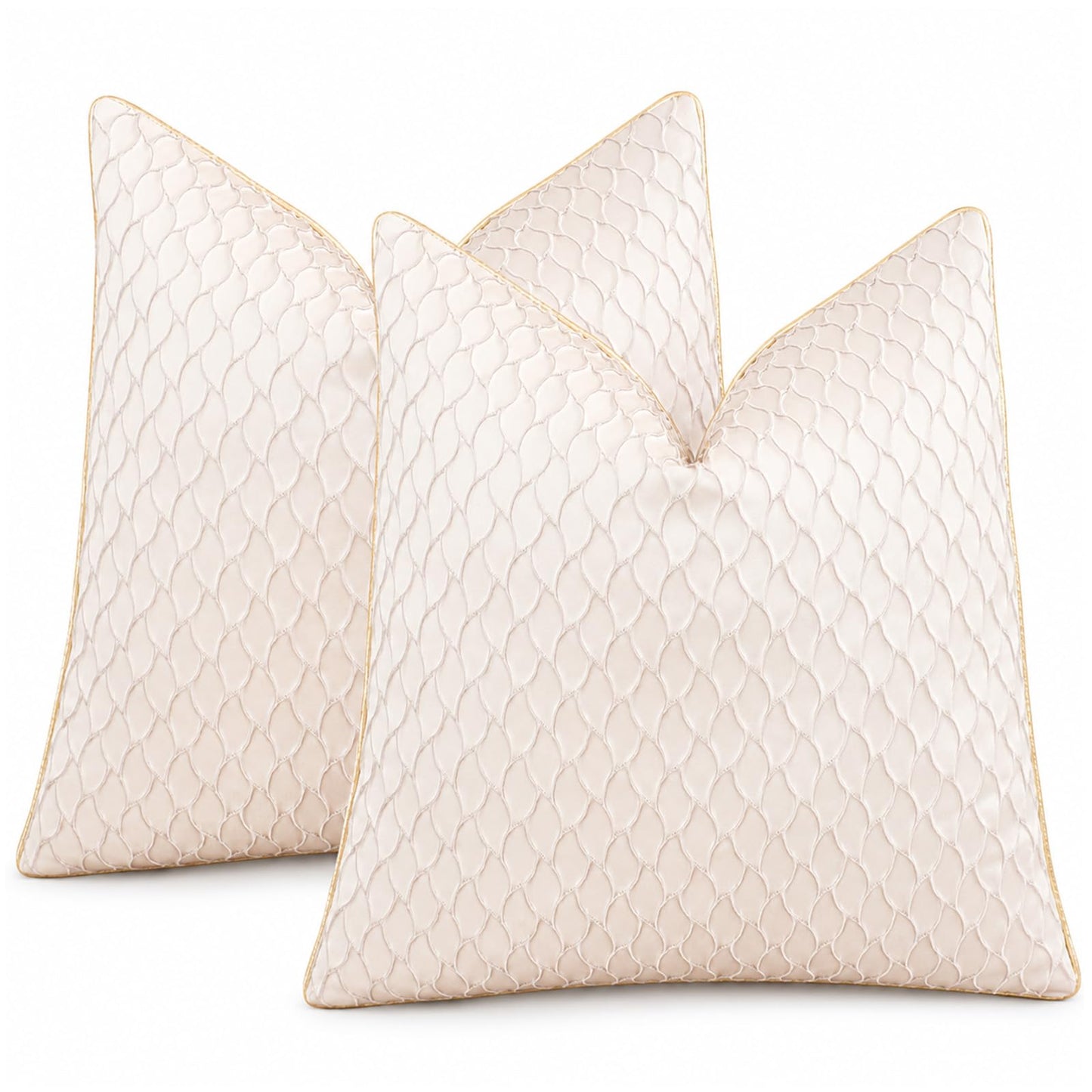 Dimensional Jacquard Pillow Covers with Gold Piping, Set of 2 — Pearl White