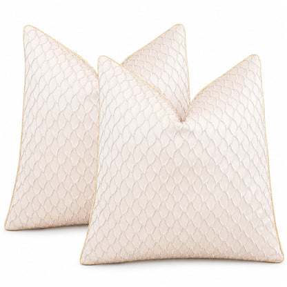 Dimensional Jacquard Pillow Covers with Gold Piping, Set of 2 — Pearl White