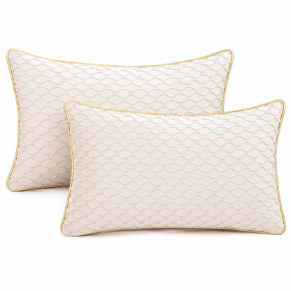 Dimensional Jacquard Pillow Covers with Gold Piping, Set of 2 — Pearl White