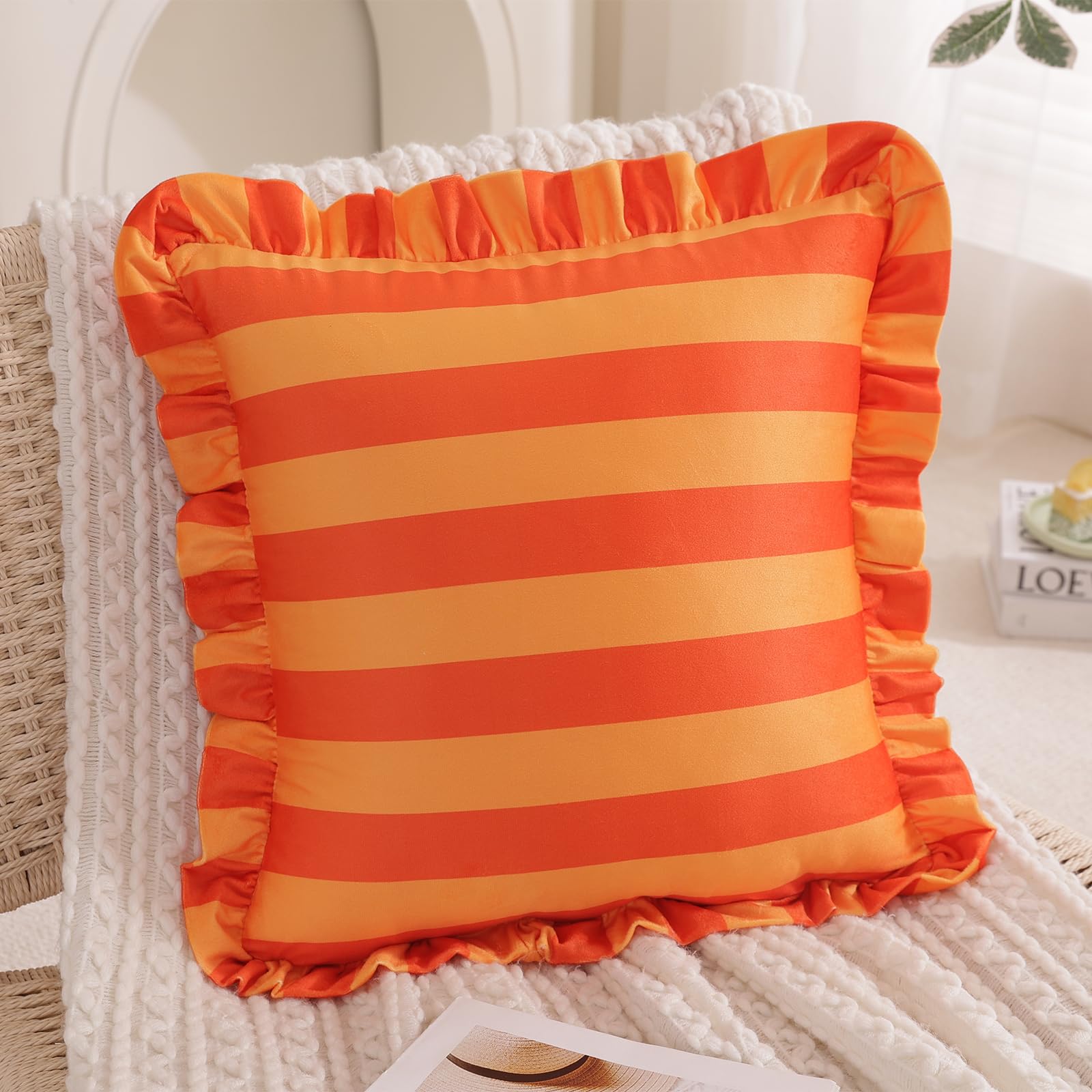 Ruffled Striped Velvet Pillow Covers, Set of 2 — Bright Orange and Light Orange