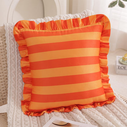 Ruffled Striped Velvet Pillow Covers, Set of 2 — Bright Orange and Light Orange