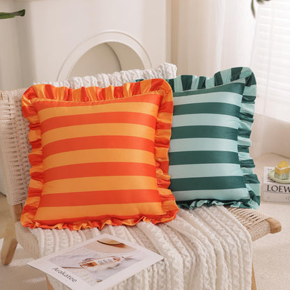 Ruffled Striped Velvet Pillow Covers, Set of 2 — Bright Orange and Light Orange