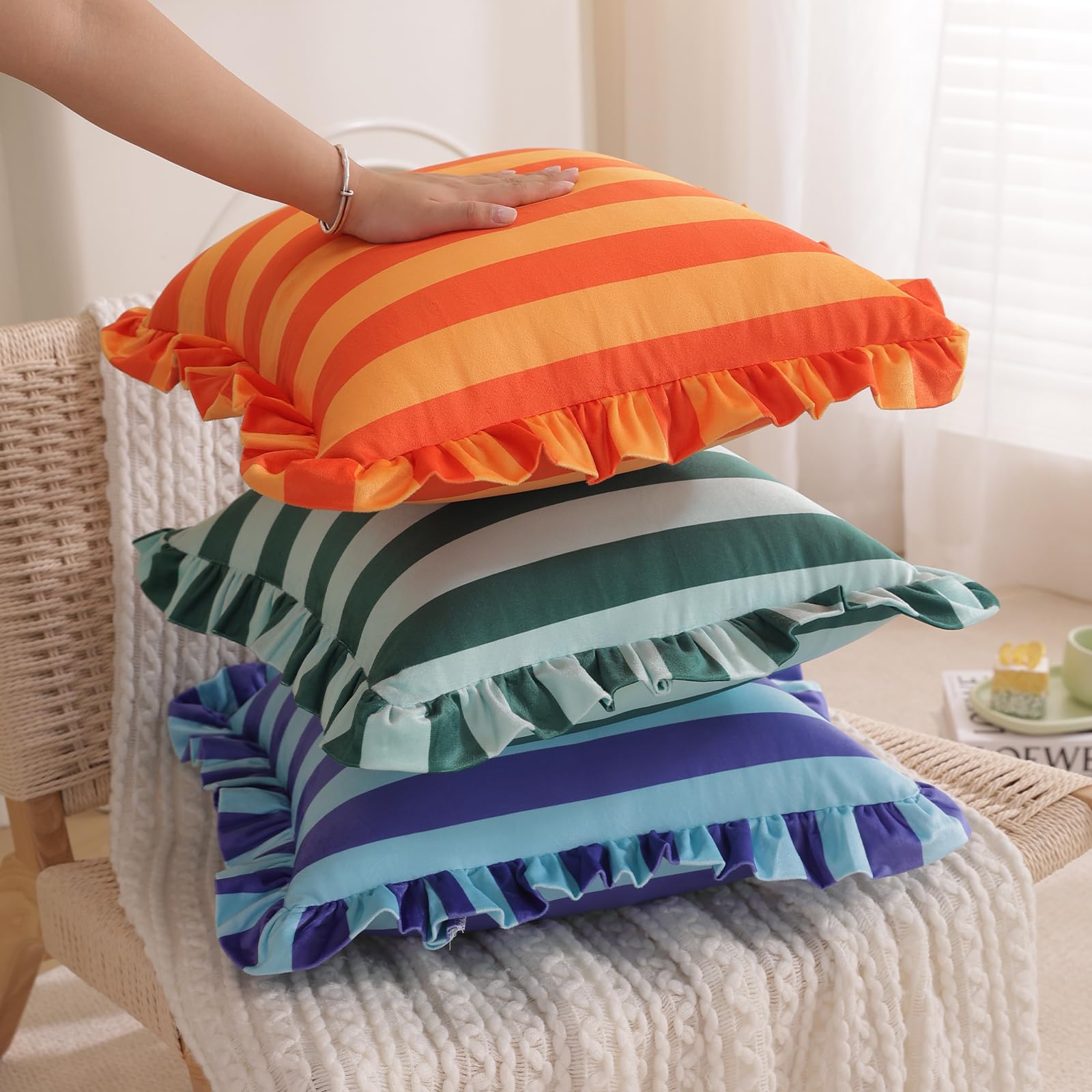 Ruffled Striped Velvet Pillow Covers, Set of 2 — Bright Orange and Light Orange