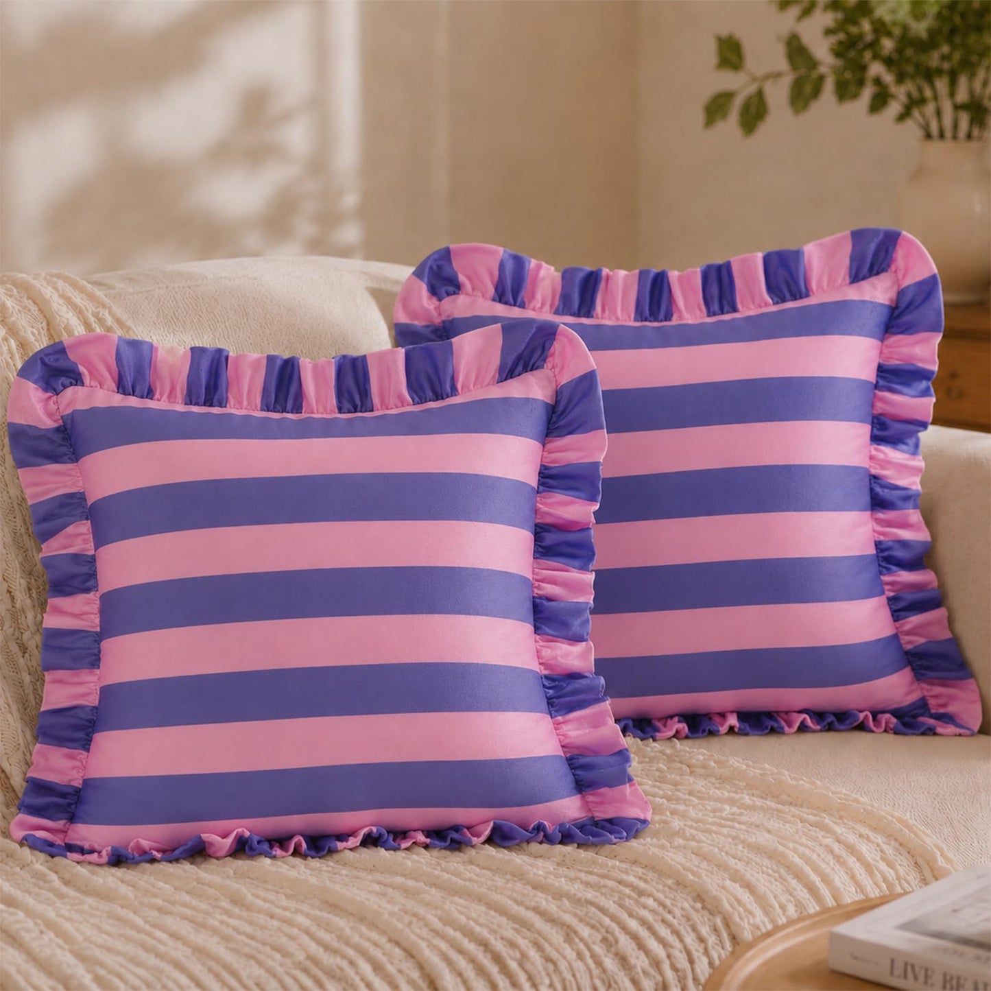 Ruffled Striped Velvet Pillow Covers, Set of 2 — Rose Pink and Violet