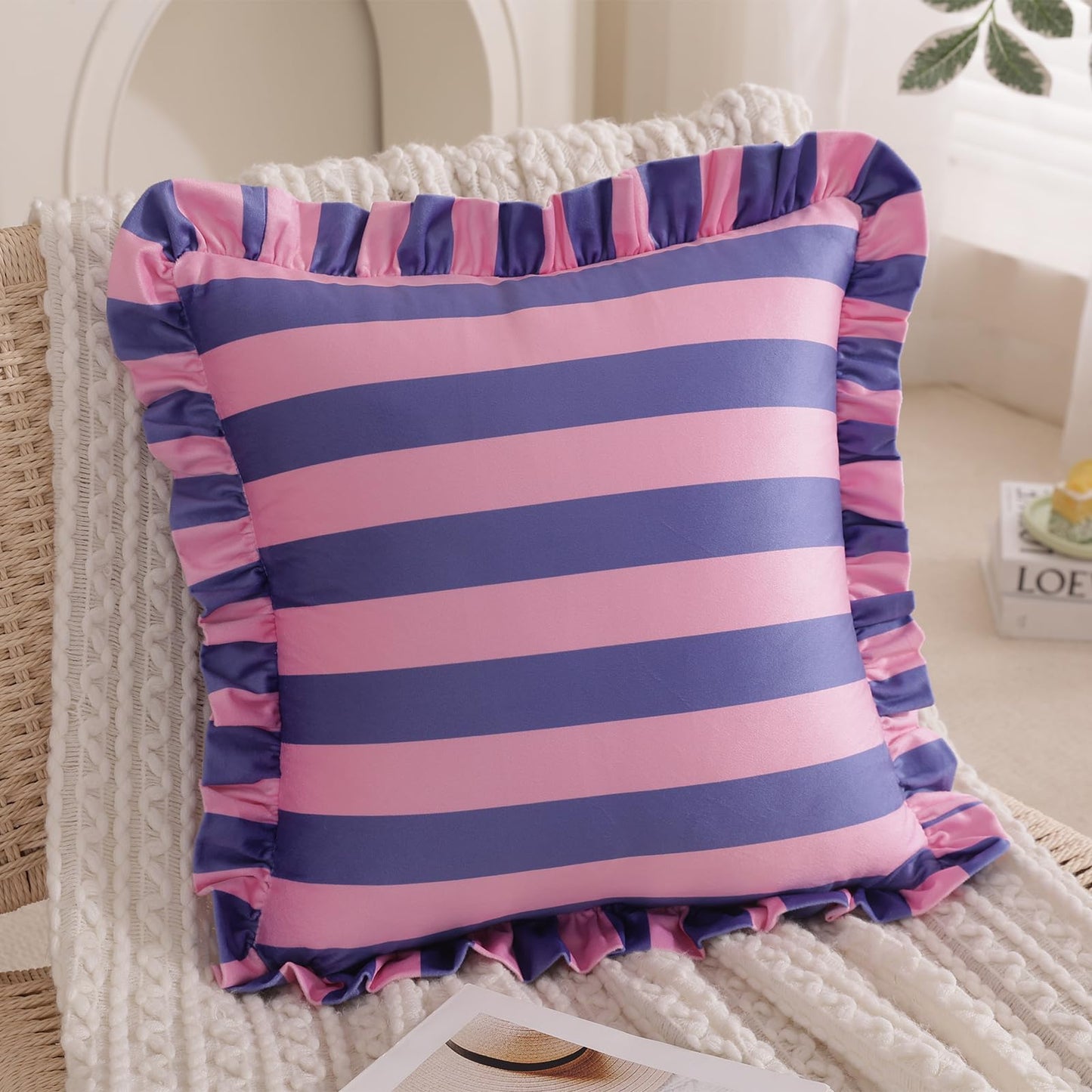 Ruffled Striped Velvet Pillow Covers, Set of 2 — Rose Pink and Violet