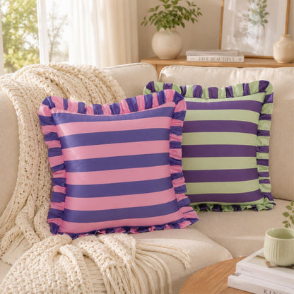 Ruffled Striped Velvet Pillow Covers, Set of 2 — Rose Pink and Violet