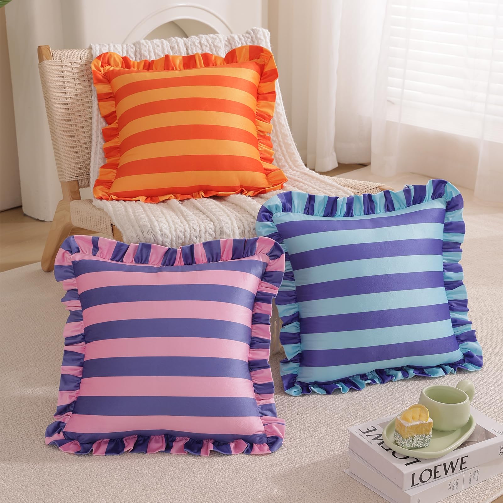 Ruffled Striped Velvet Pillow Covers, Set of 2 — Rose Pink and Violet