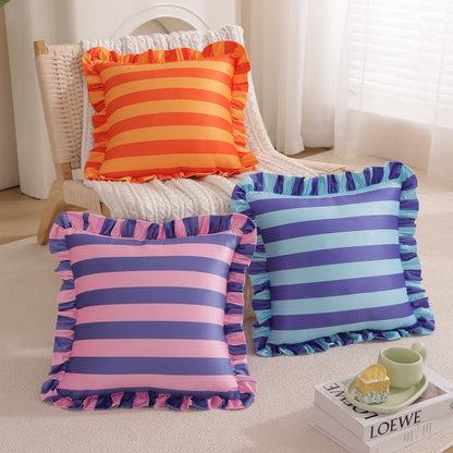 Ruffled Striped Velvet Pillow Covers, Set of 2 — Rose Pink and Violet