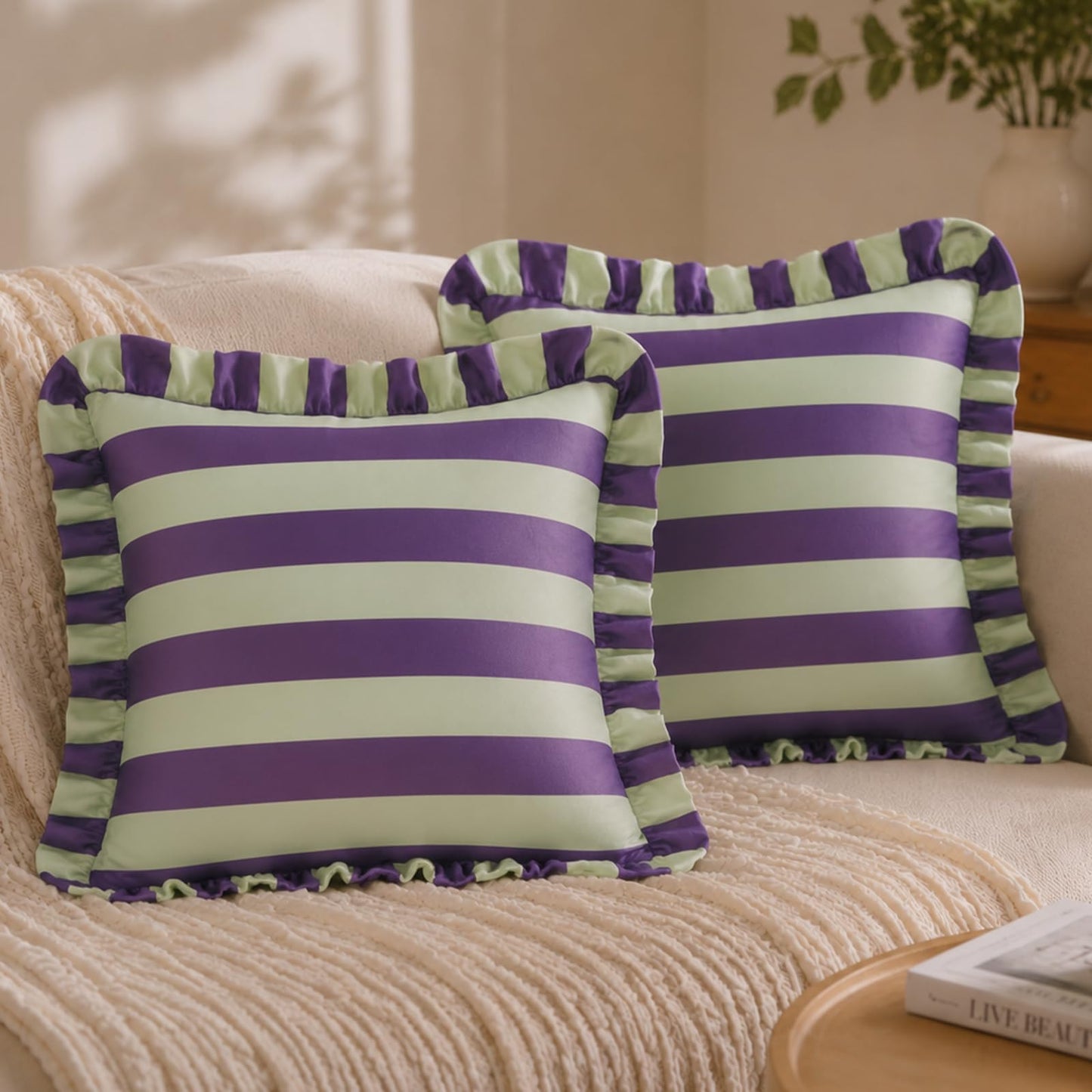 Ruffled Striped Velvet Pillow Covers, Set of 2 — Deep Purple and Sage Green
