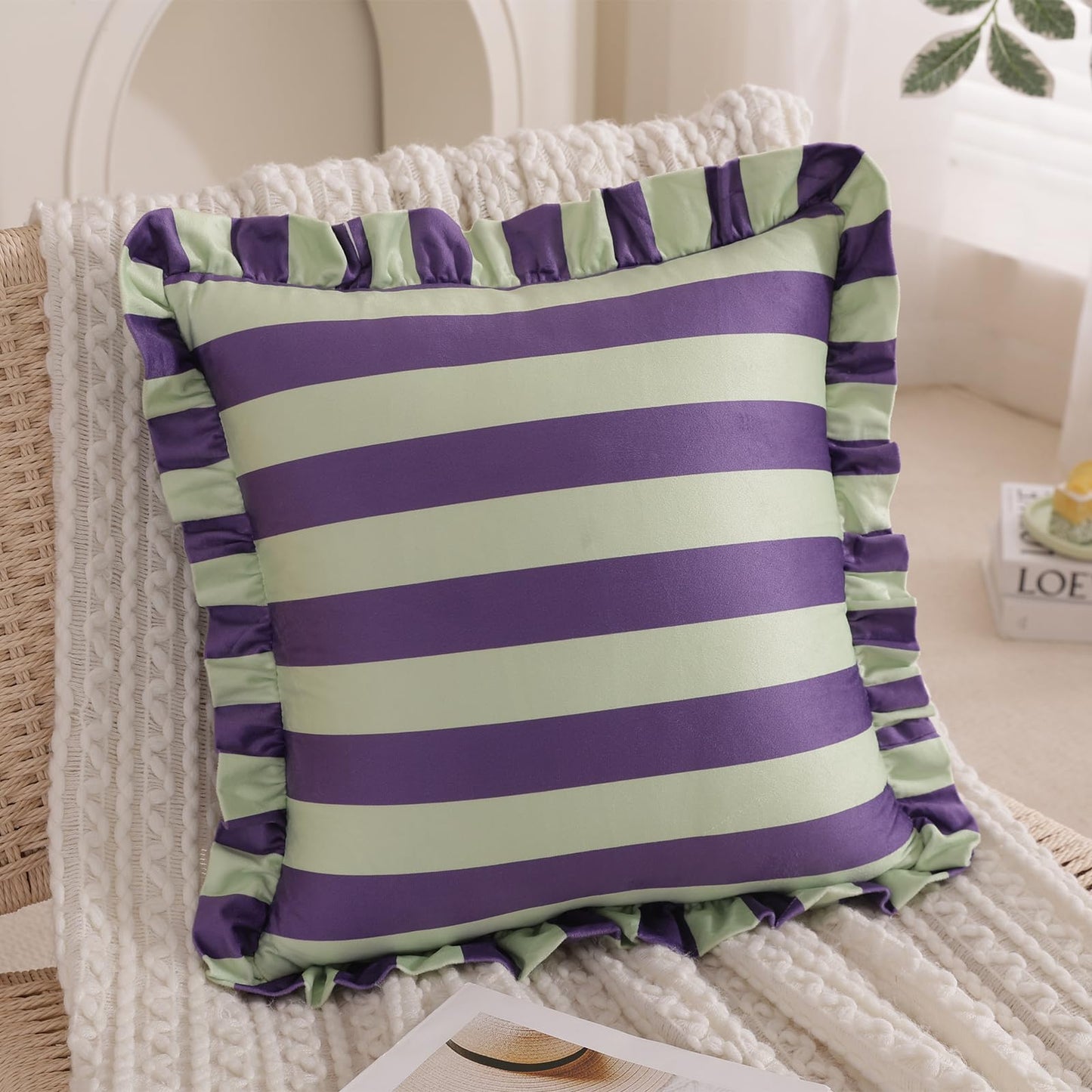 Ruffled Striped Velvet Pillow Covers, Set of 2 — Deep Purple and Sage Green
