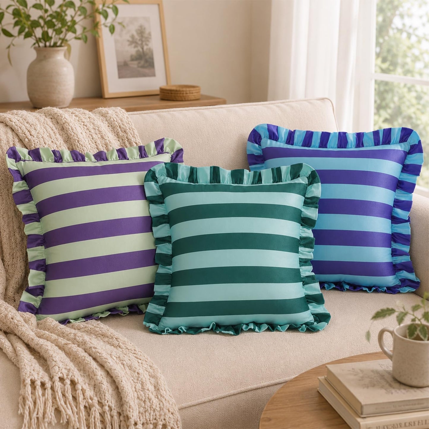 Ruffled Striped Velvet Pillow Covers, Set of 2 — Deep Purple and Sage Green