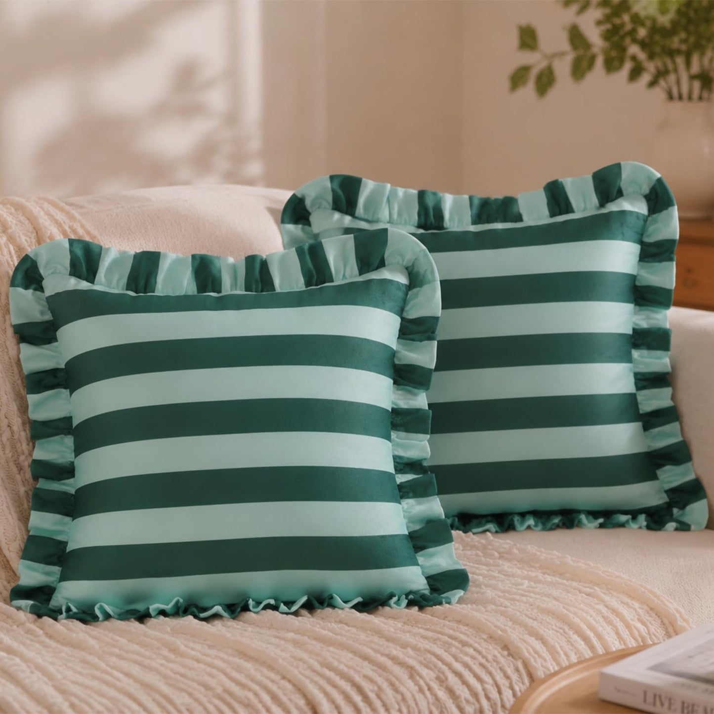 Ruffled Striped Velvet Pillow Covers, Set of 2 — Dark Green and Mint Teal
