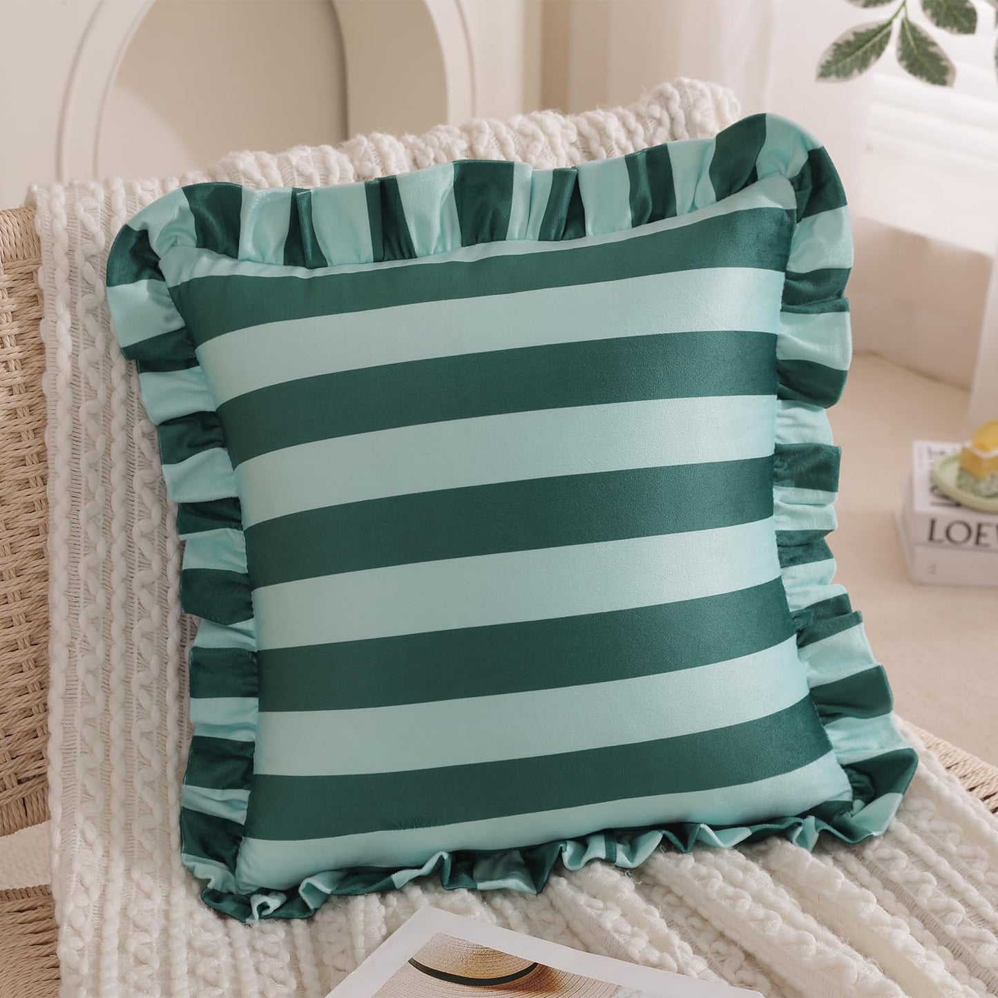 Ruffled Striped Velvet Pillow Covers, Set of 2 — Dark Green and Mint Teal
