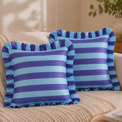 Ruffled Striped Velvet Pillow Covers, Set of 2 — Violet and Light Blue