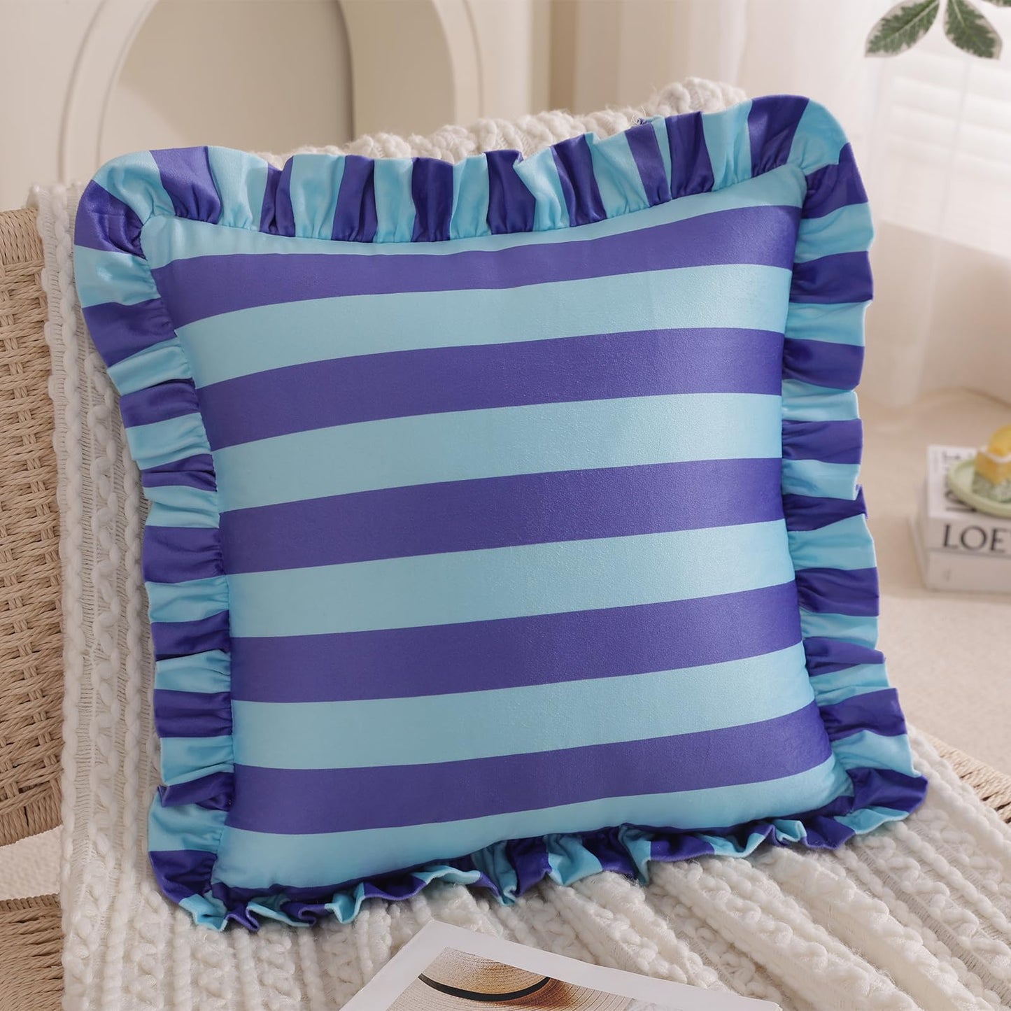 Ruffled Striped Velvet Pillow Covers, Set of 2 — Violet and Light Blue