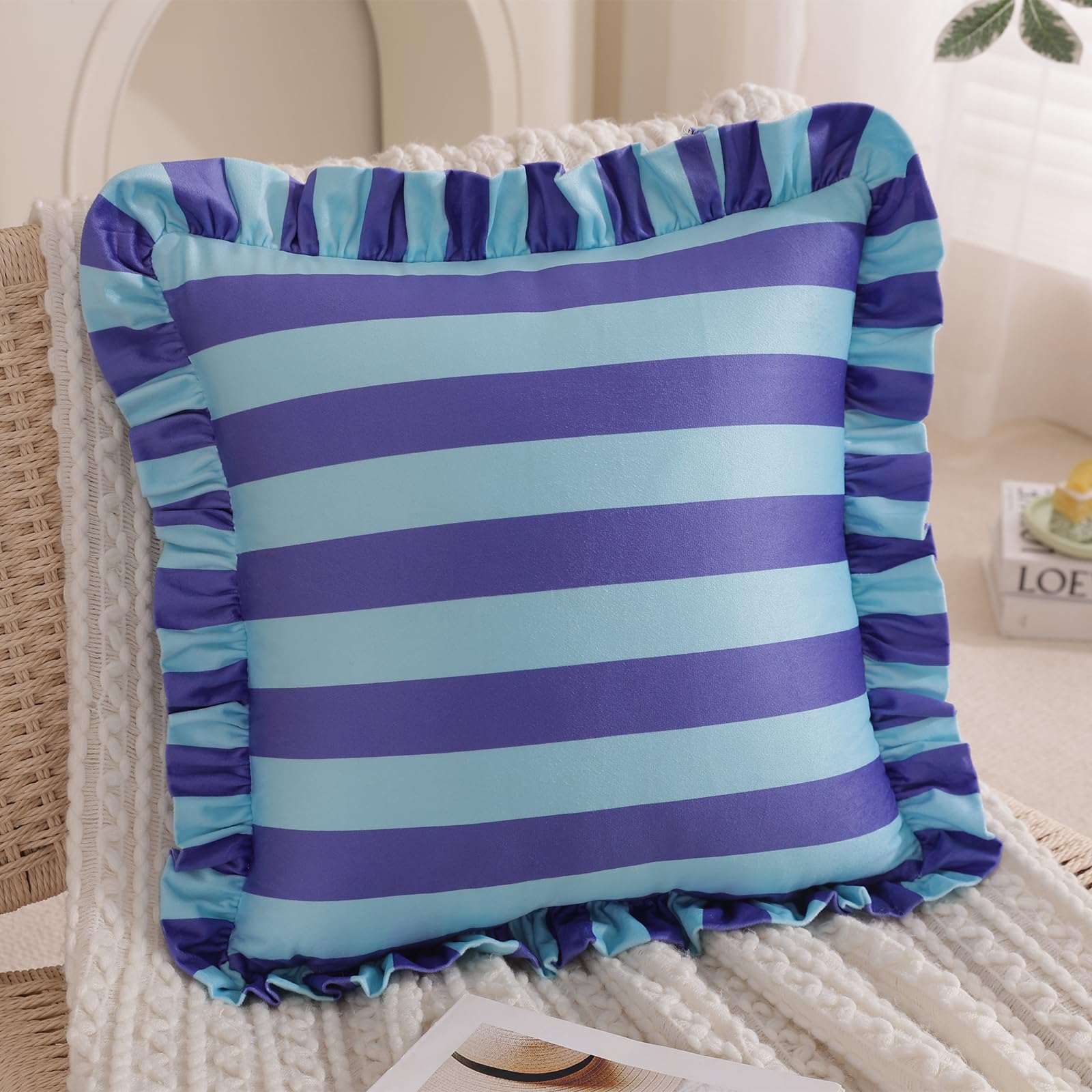 Ruffled Striped Velvet Pillow Covers, Set of 2 — Violet and Light Blue