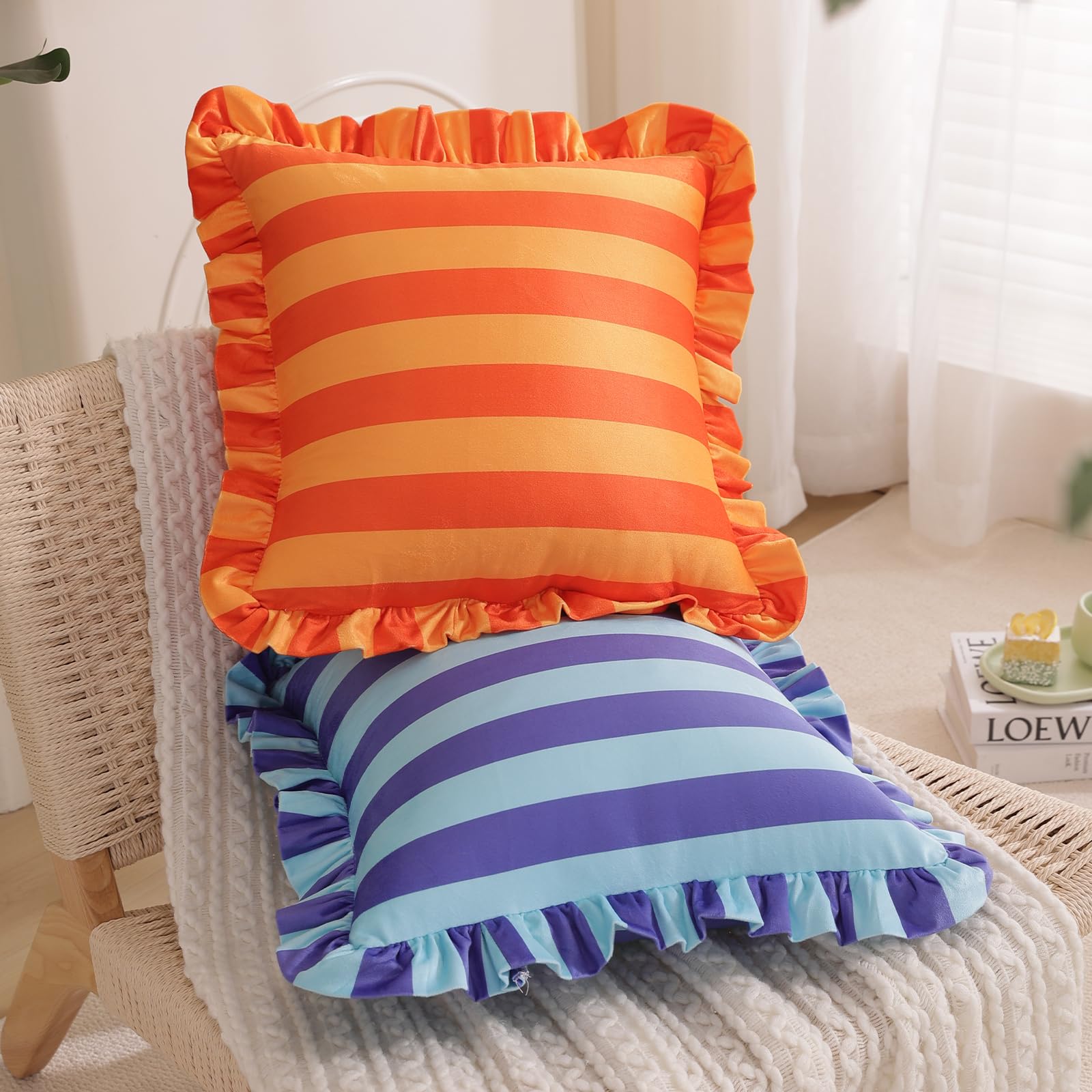 Ruffled Striped Velvet Pillow Covers, Set of 2 — Violet and Light Blue