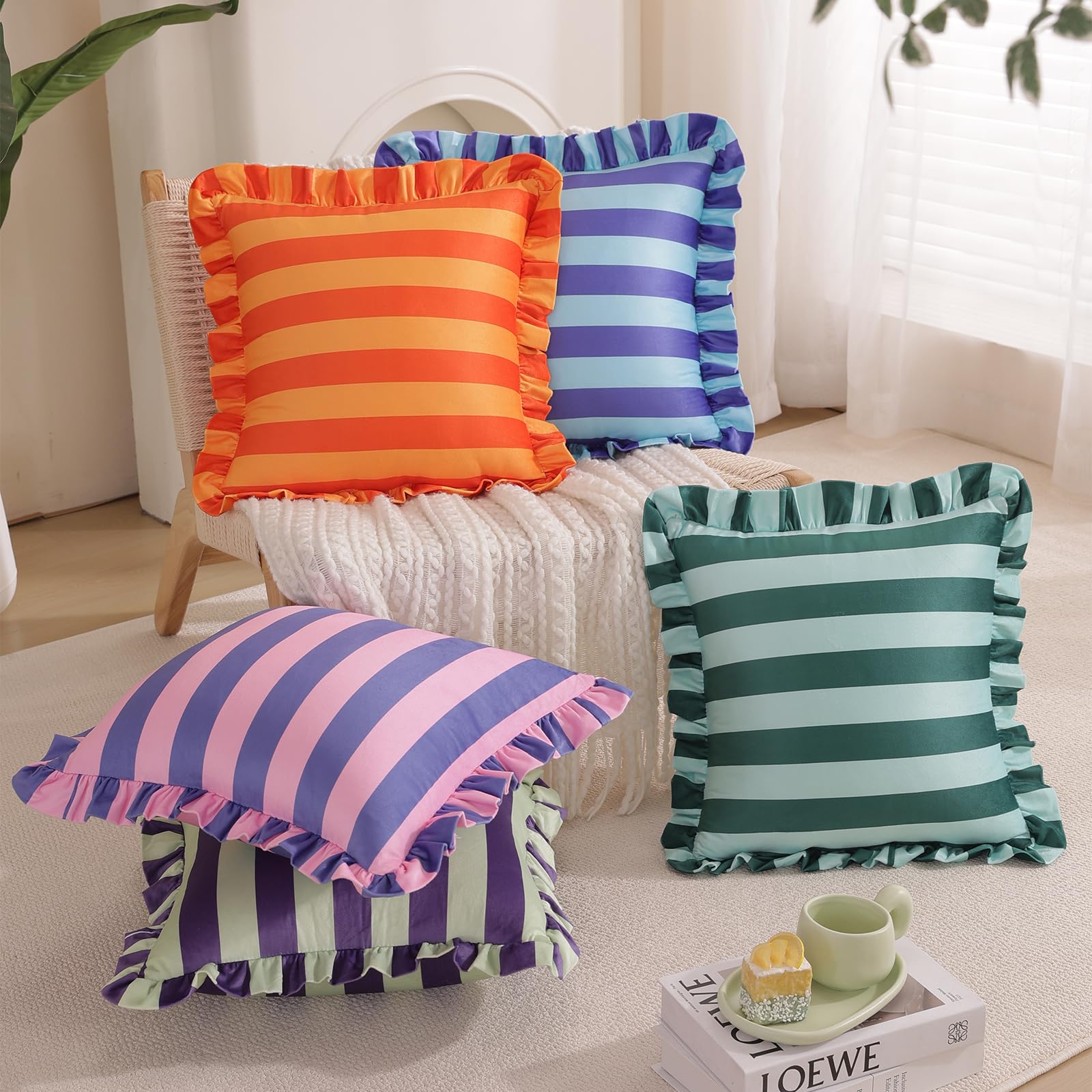 Ruffled Striped Velvet Pillow Covers, Set of 2 — Violet and Light Blue