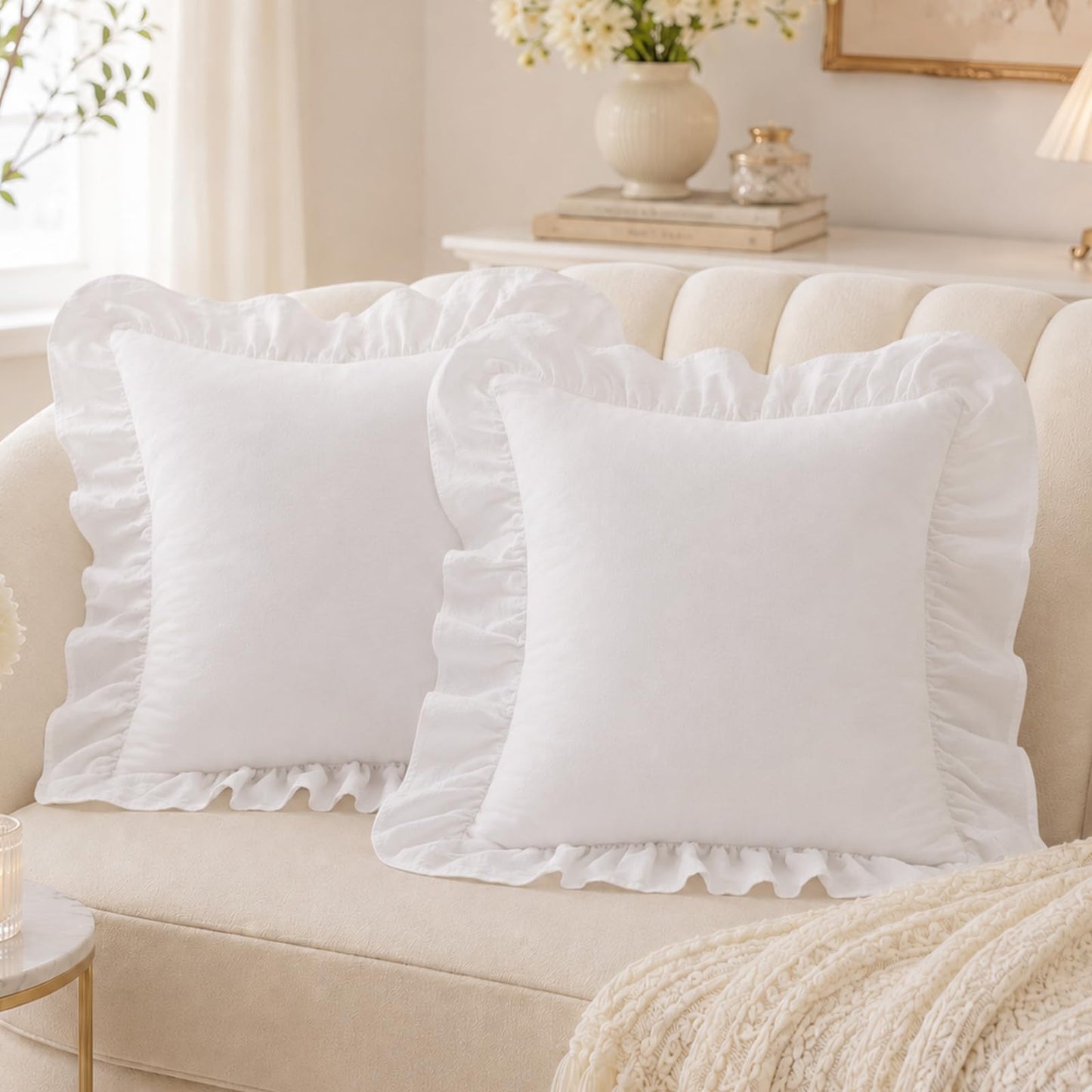Washed Cotton Ruffle Pillow Covers, Set of 2 — White