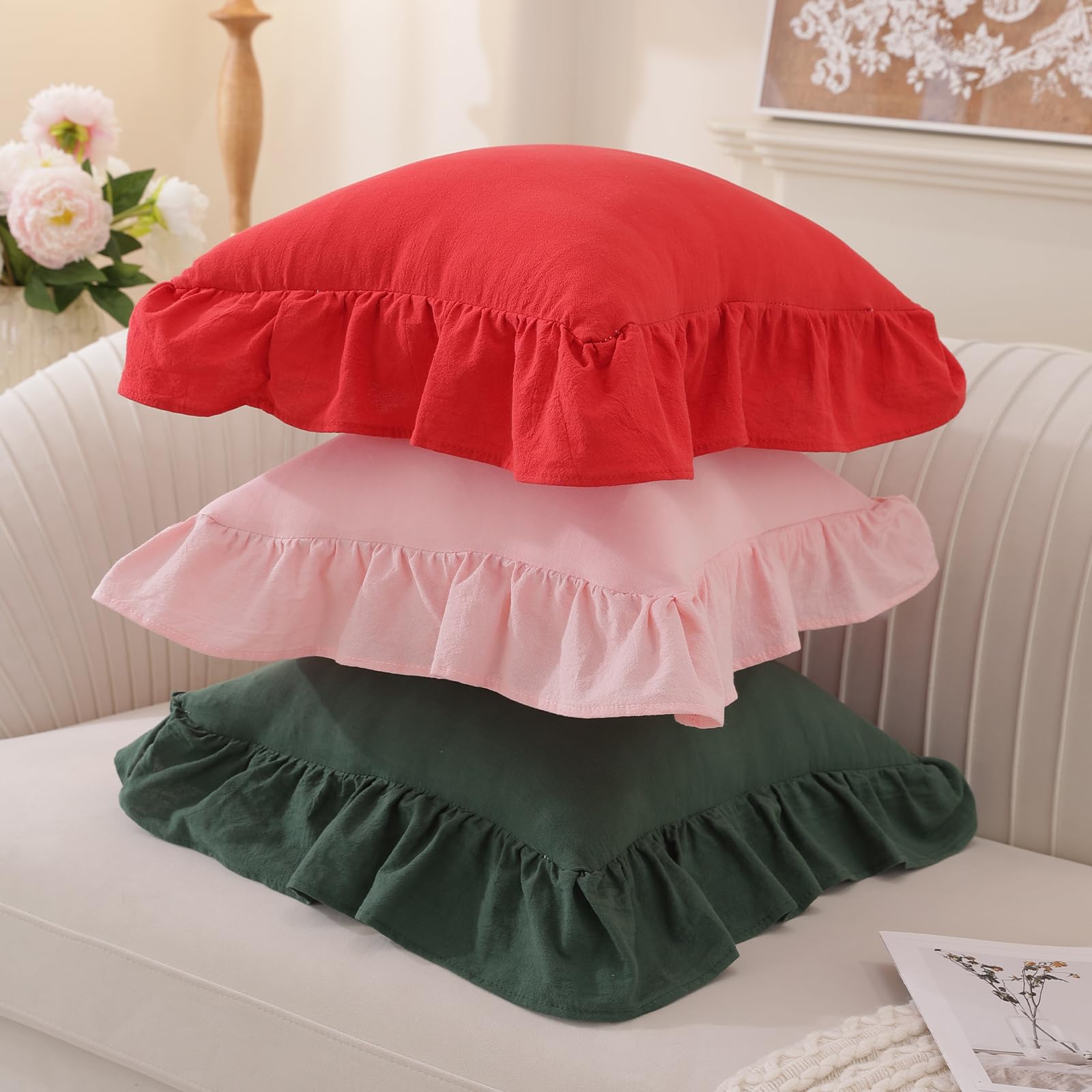 Washed Cotton Ruffle Pillow Covers, Set of 2 — Pink