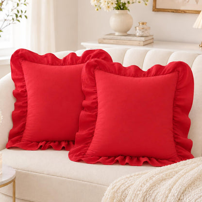 Washed Cotton Ruffle Pillow Covers, Set of 2 — Red