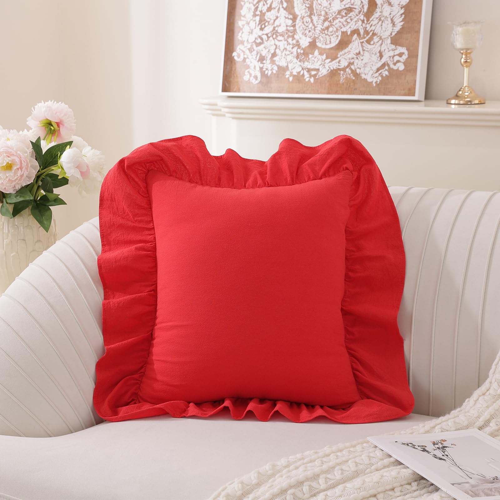 Washed Cotton Ruffle Pillow Covers, Set of 2 — Red