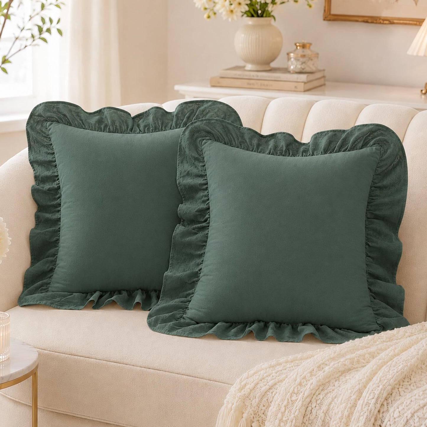 Washed Cotton Ruffle Pillow Covers, Set of 2 — Green