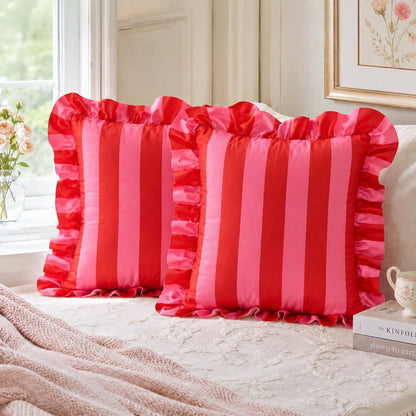 Colorblock Ruffled Velvet Pillow Covers, Set of 2 — Pink and Red