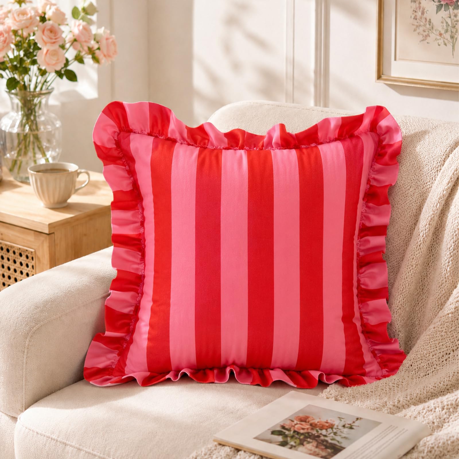 Colorblock Ruffled Velvet Pillow Covers, Set of 2 — Pink and Red