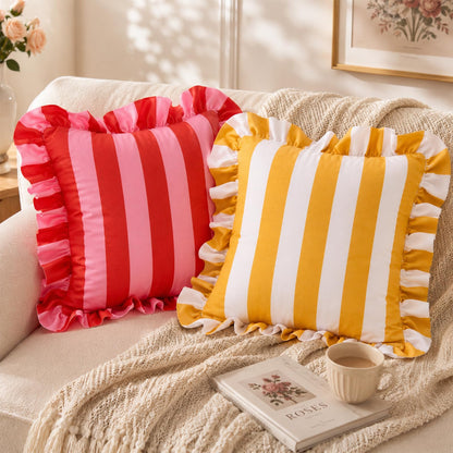 Colorblock Ruffled Velvet Pillow Covers, Set of 2 — Pink and Red