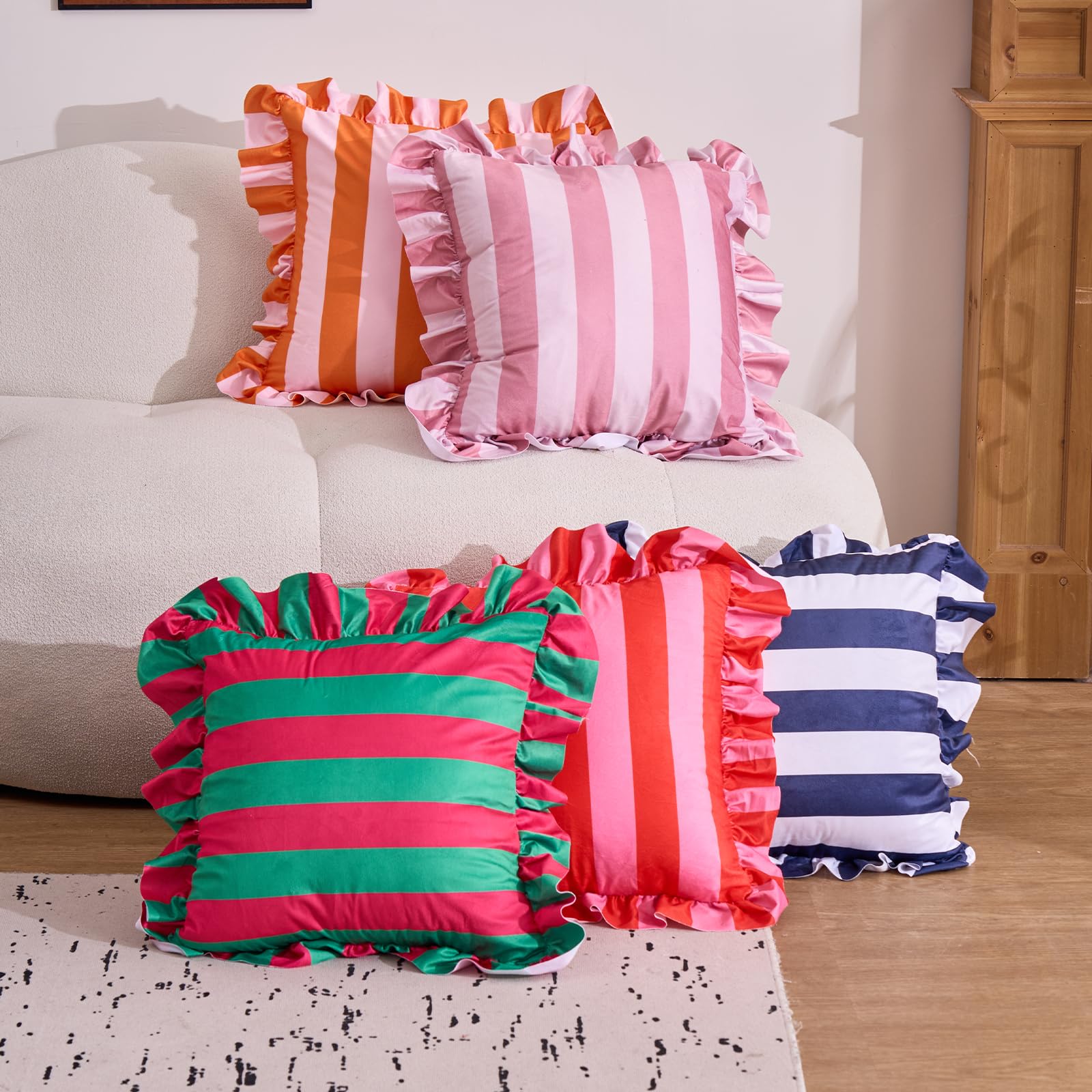 Colorblock Ruffled Velvet Pillow Covers, Set of 2 — Pink and Red