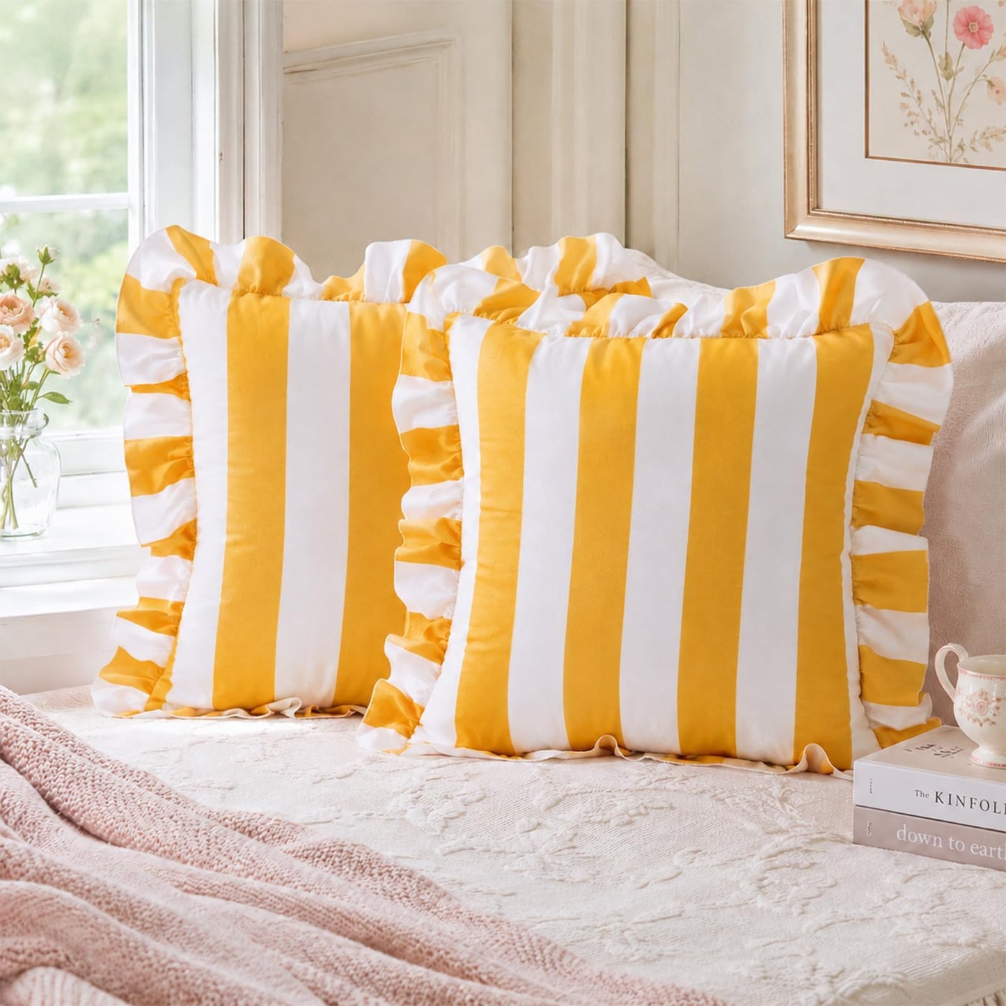 Colorblock Ruffled Velvet Pillow Covers, Set of 2 — Yellow and White