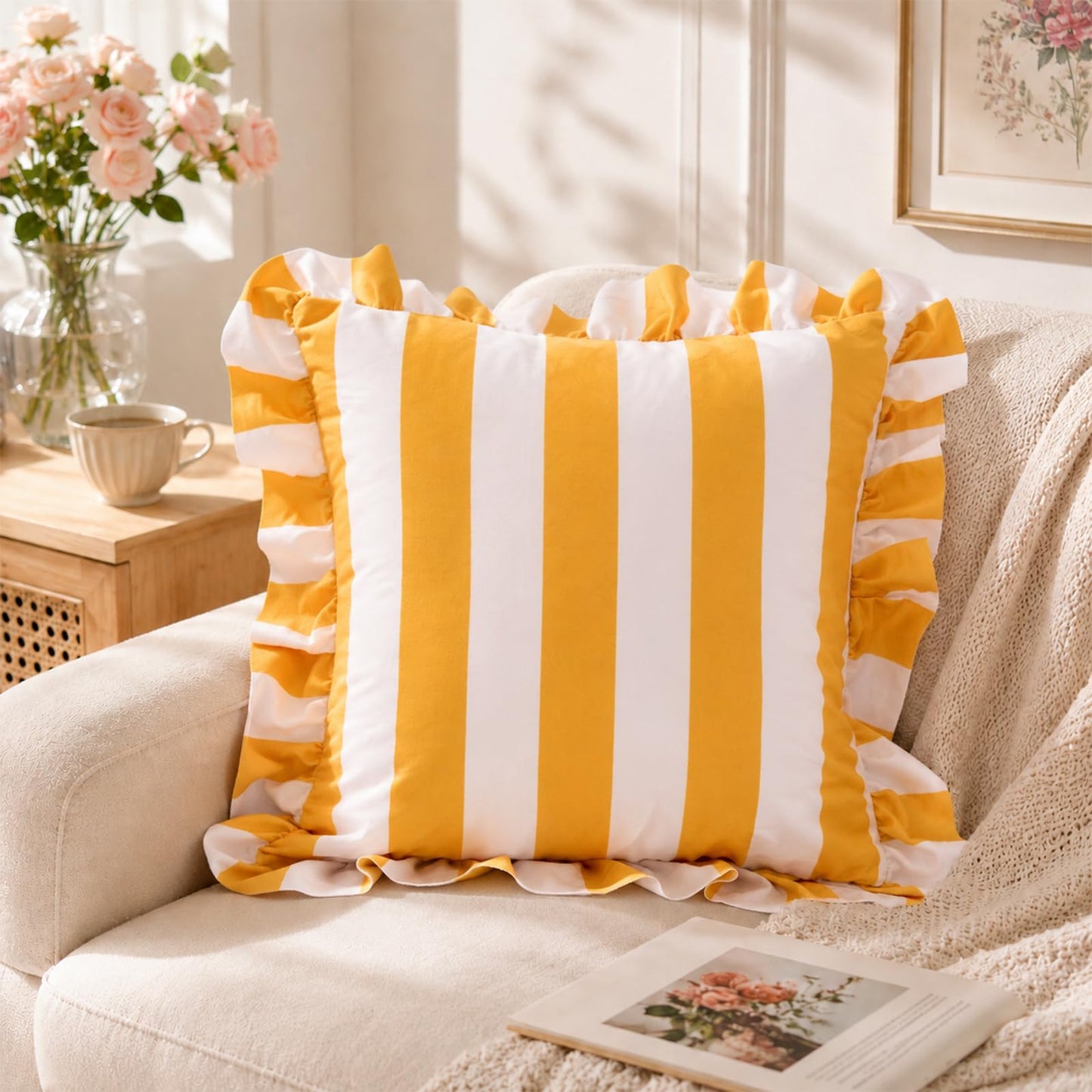 Colorblock Ruffled Velvet Pillow Covers, Set of 2 — Yellow and White