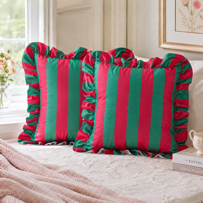 Colorblock Ruffled Velvet Pillow Covers, Set of 2 — Red and Green