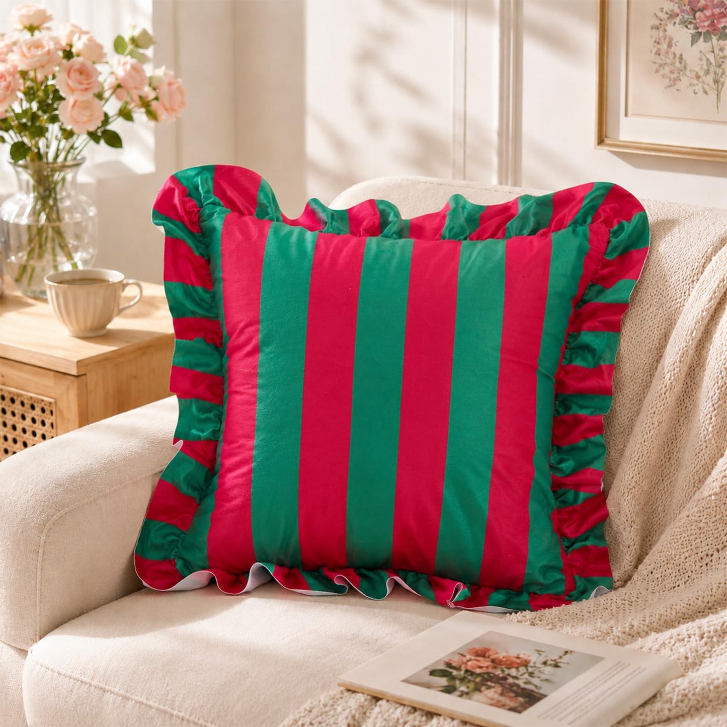Colorblock Ruffled Velvet Pillow Covers, Set of 2 — Red and Green