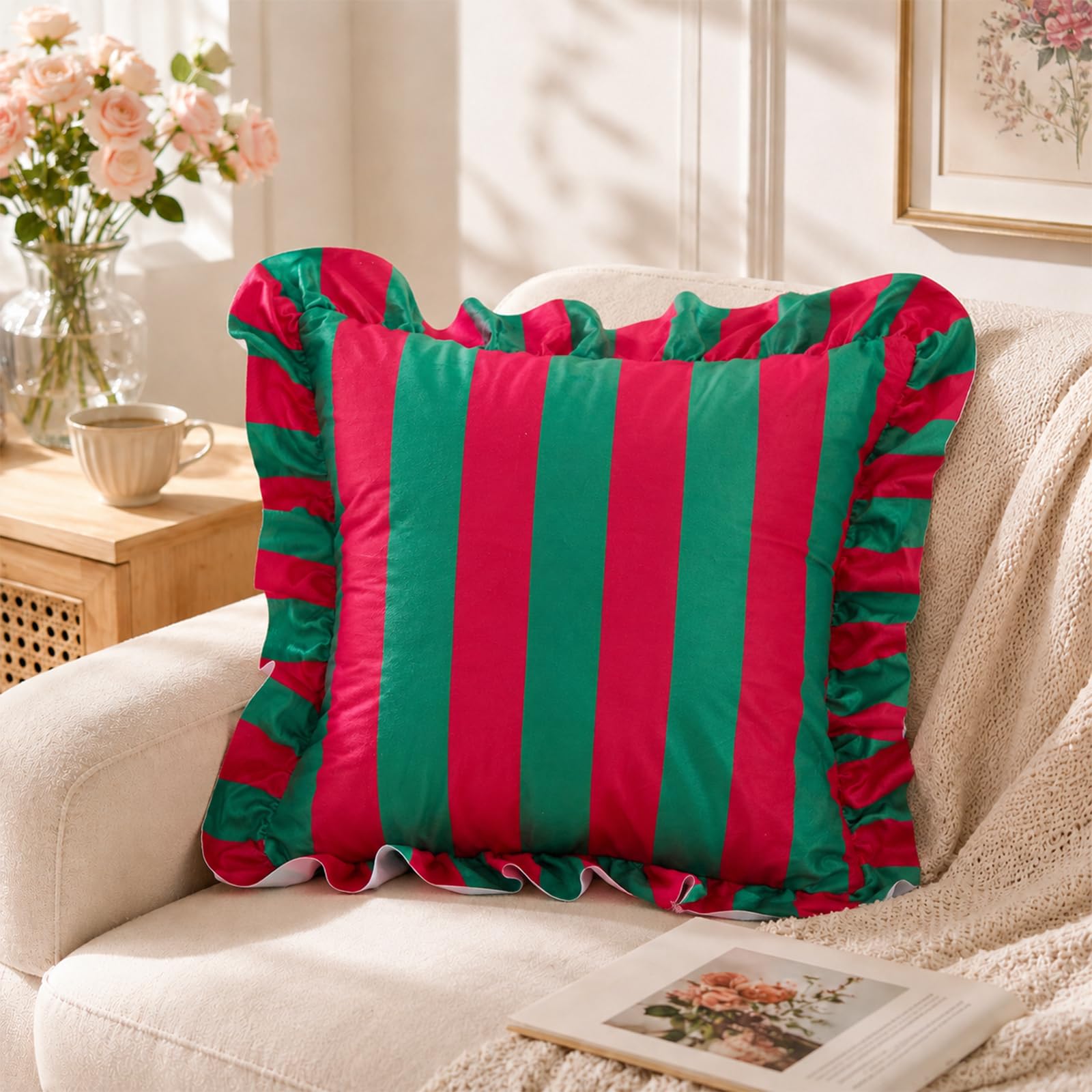 Colorblock Ruffled Velvet Pillow Covers, Set of 2 — Red and Green