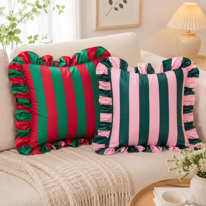 Colorblock Ruffled Velvet Pillow Covers, Set of 2 — Red and Green