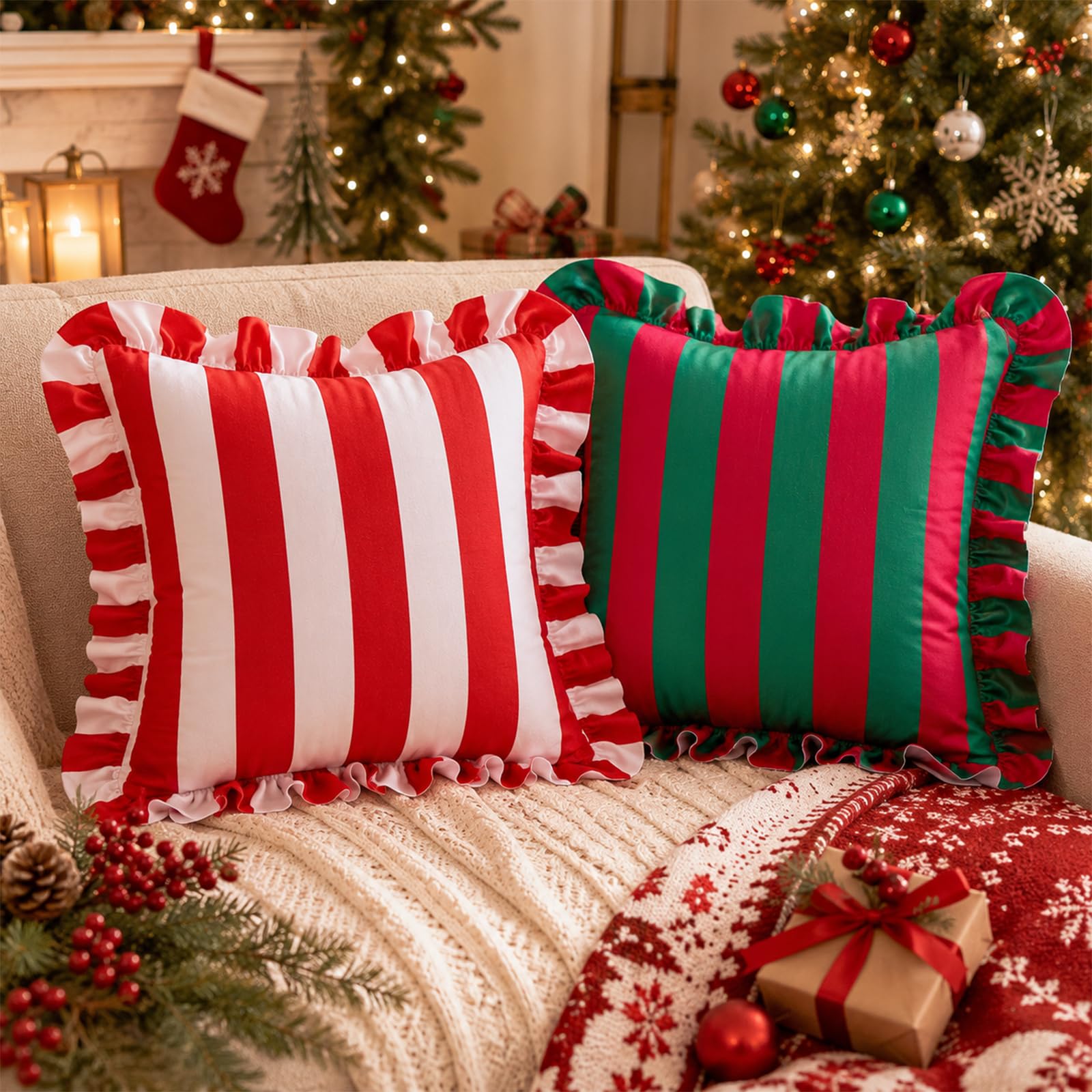 Colorblock Ruffled Velvet Pillow Covers, Set of 2 — Red and Green