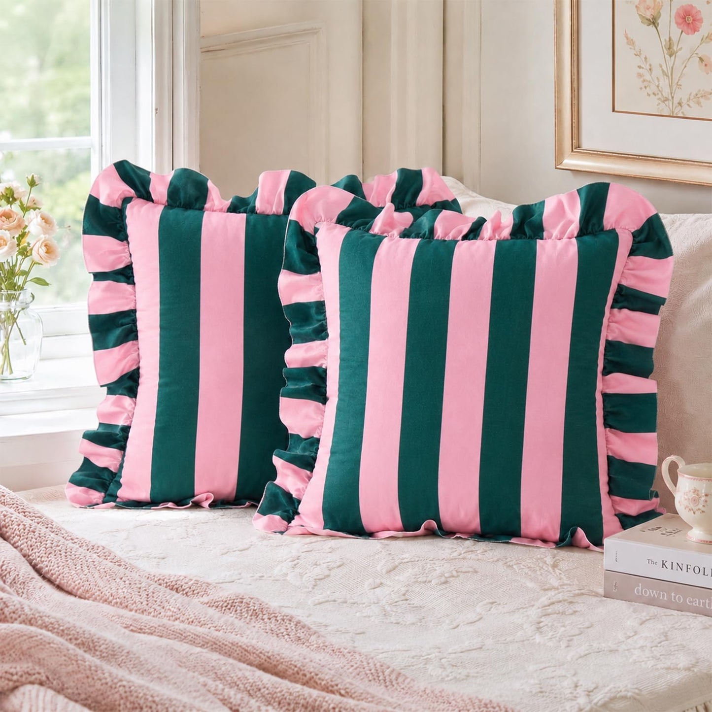 Colorblock Ruffled Velvet Pillow Covers, Set of 2 — Pink and Dark Green