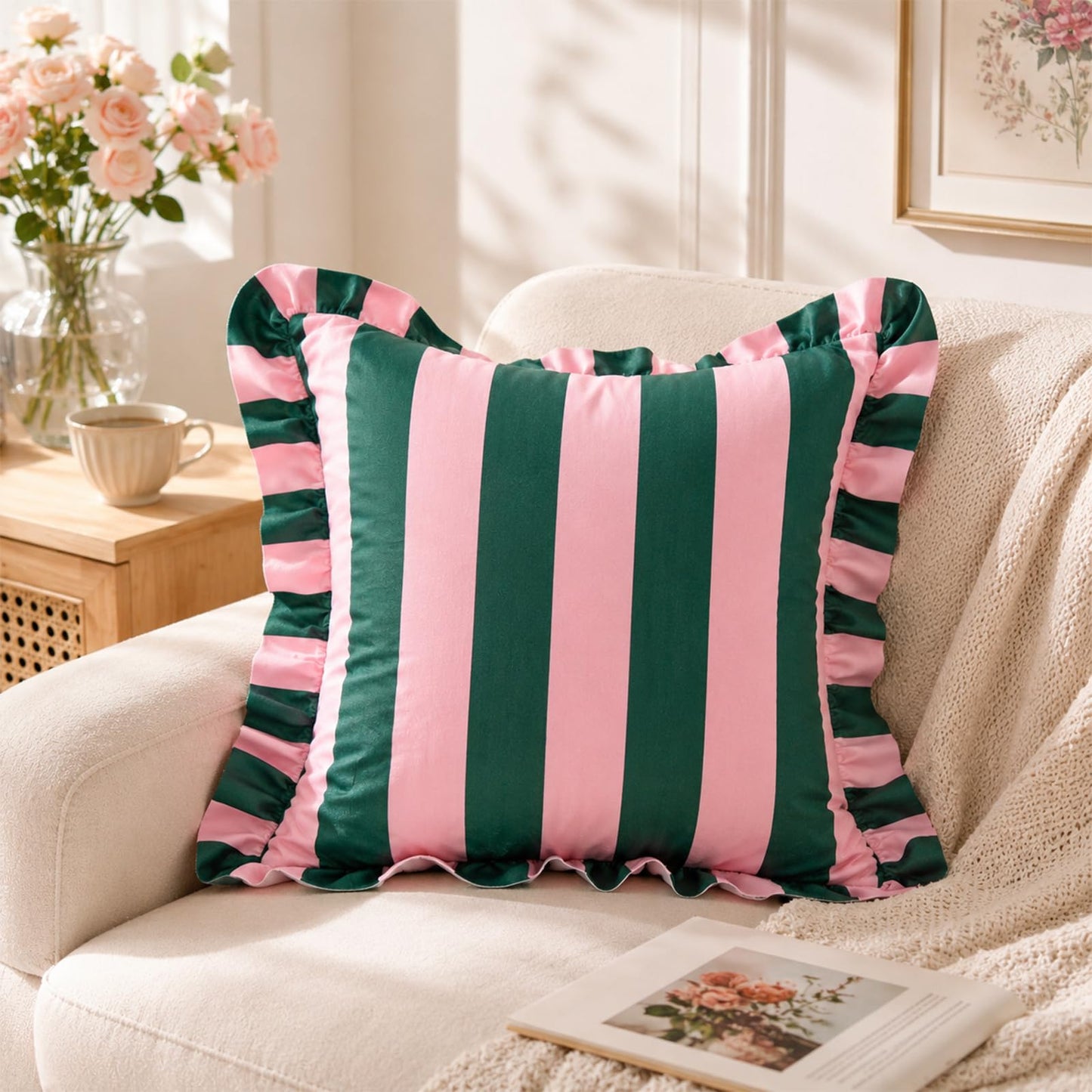 Colorblock Ruffled Velvet Pillow Covers, Set of 2 — Pink and Dark Green