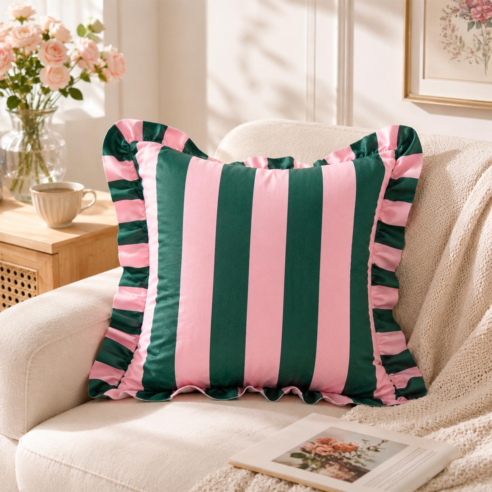 Colorblock Ruffled Velvet Pillow Covers, Set of 2 — Pink and Dark Green