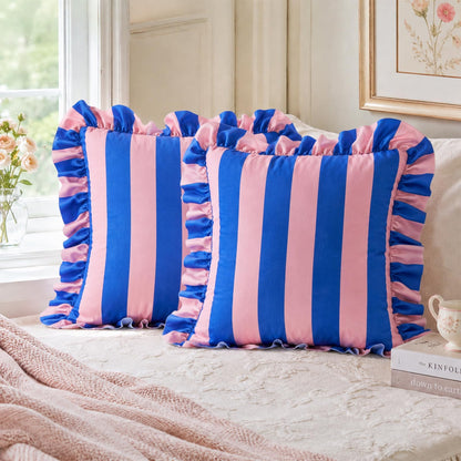 Colorblock Ruffled Velvet Pillow Covers, Set of 2 — Pink and Blue