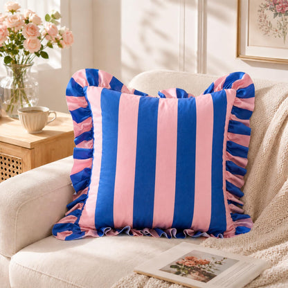 Colorblock Ruffled Velvet Pillow Covers, Set of 2 — Pink and Blue