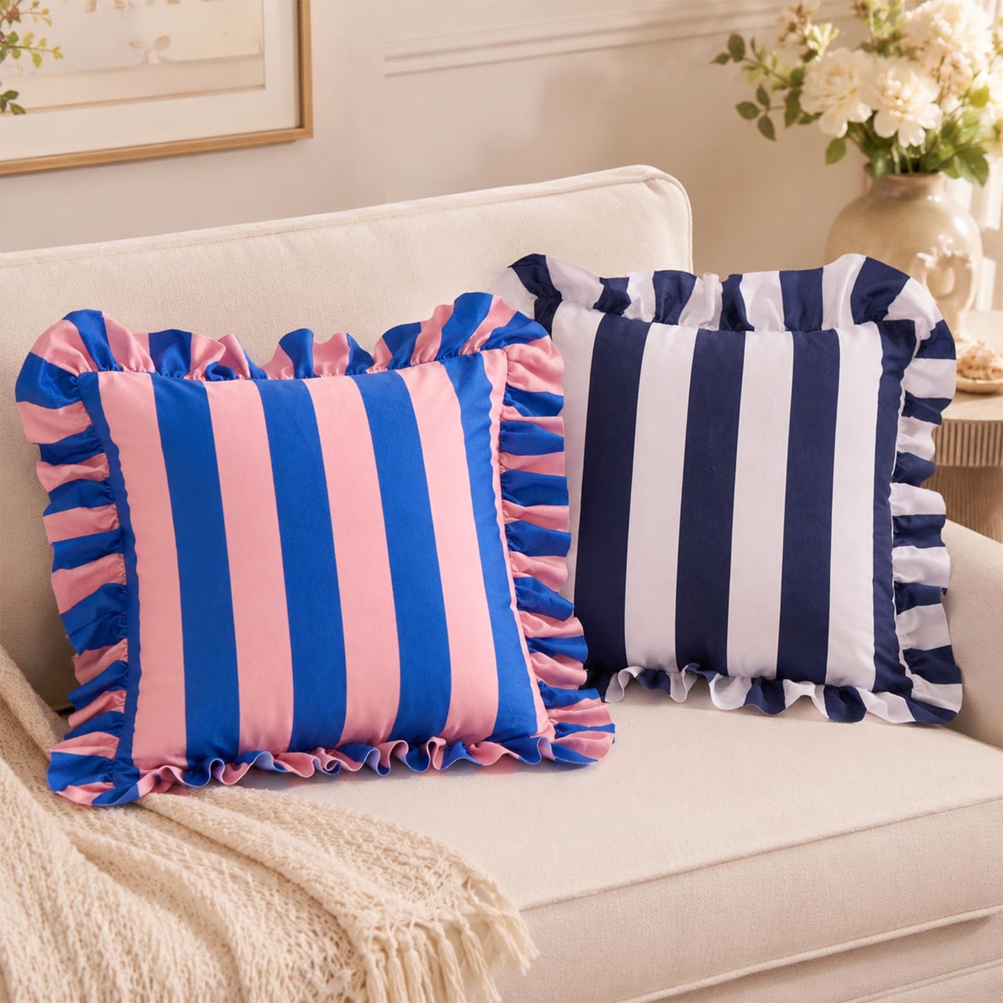 Colorblock Ruffled Velvet Pillow Covers, Set of 2 — Pink and Blue