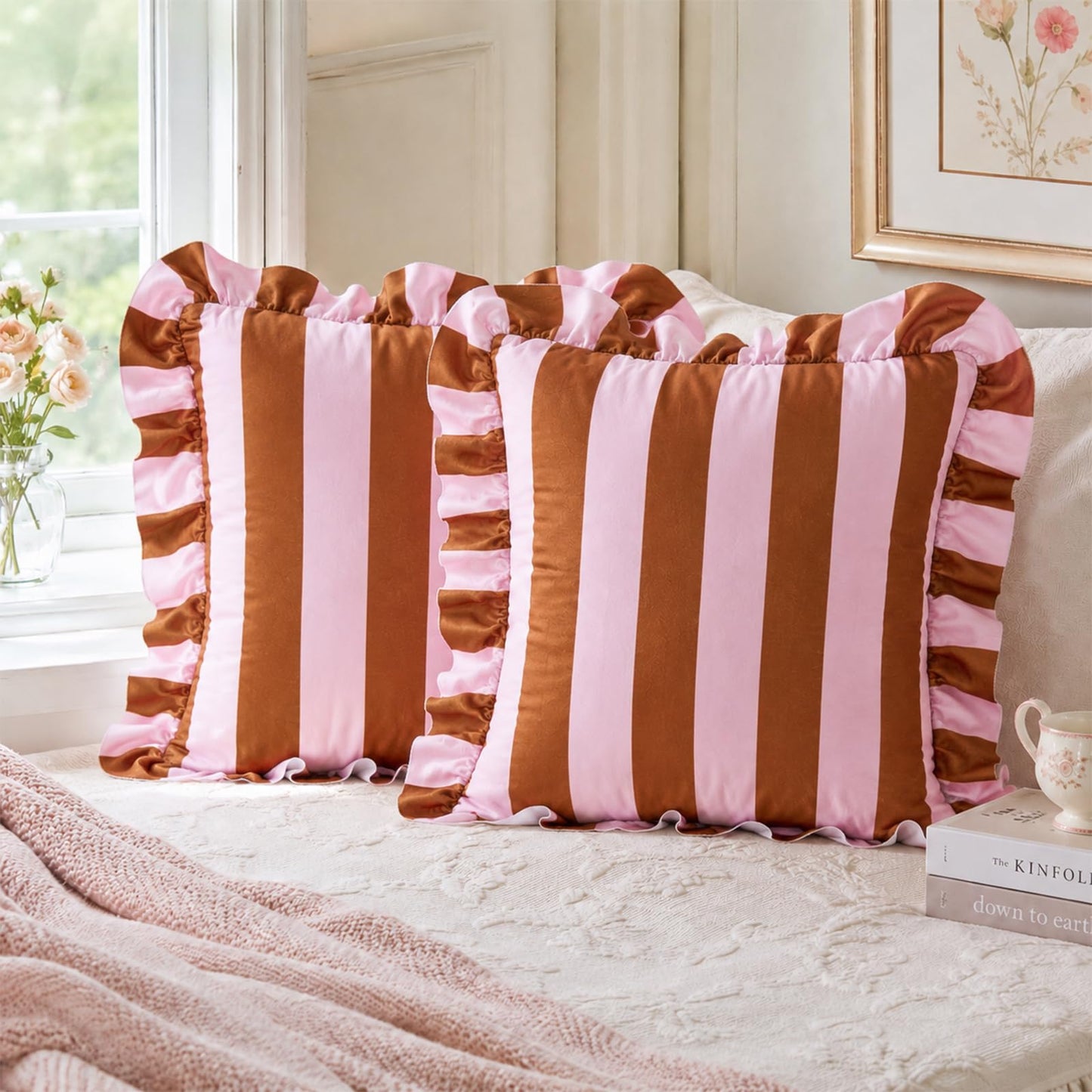 Colorblock Ruffled Velvet Pillow Covers, Set of 2 — Pink and Caramel